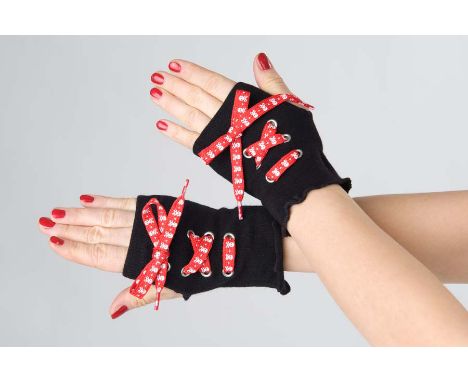 A box of 144 pairs of lady's skull gloves with red laces 