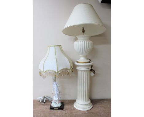 An Elegance Collection figural table lamp of a lady and a cream and gilt table lamp and shade on pedestal  