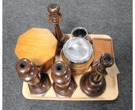 A tray of ebonised and boxwood chess set in box, two pairs of turned beech candlesticks, lidded biscuit barrel etc