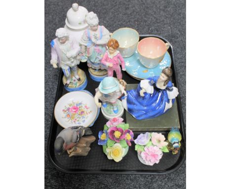 A tray of Maling cups and saucers, pair of bisque figures, two Royal Worcester figures (a/f), china flower posies, Wedgwood d