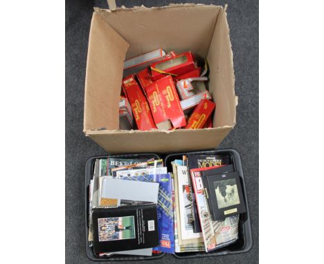 A box of Triang and Lima railway boxes and two plastic tubs of books, magazines relating to railways and football etc 