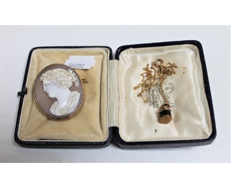 An antique cameo brooch in gold mount together with a ship's lamp pendant on gilt chain 