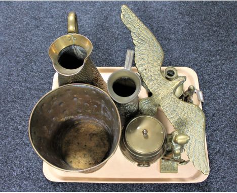 A tray of bass figure of an eagle perched on branch, miner figures, planter, jug, biscuit jar, chamber stick etc