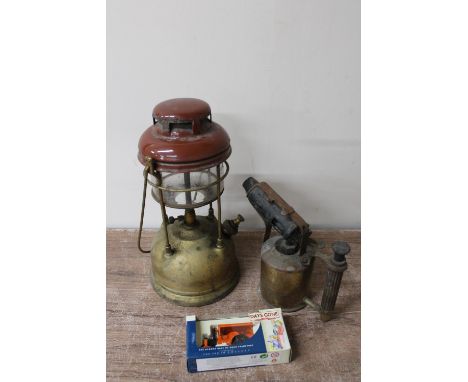 A Tilley lamp together with a vintage brass blow torch and a boxed Day's Gone die cast traction engine 