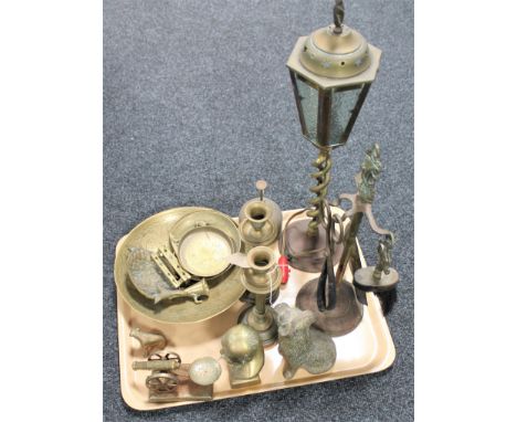 A tray of brass bust of Sir Winston Churchill, companion set, oil can, pair of candlesticks, lamp, dishes, dog figures etc