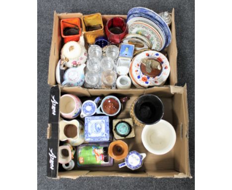 Two boxes of assorted china and glass ware to include West German vase, Ringtons caddy, character jug, wall plates etc 