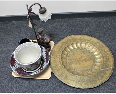 A tray of pottery bowl, plate planter and mug, figural table lamp, large brass eastern plaque