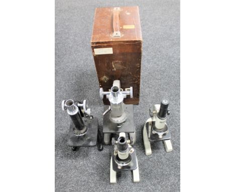 A Prior microscope in wooden case together with three other microscopes by Motic and Watson of London (a/f)