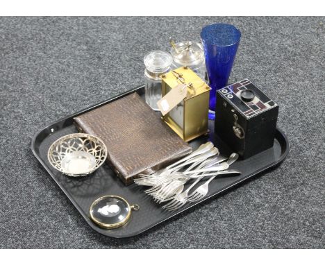 A tray of plated cutlery, bonbon dish, Peter Bates miniature cameo, quartz mantel clock, Kodak camera etc