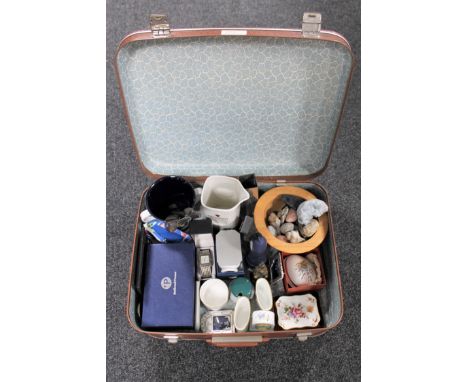 A luggage case containing boxed Royal Crown Derby dish, Royal Worcester vases, Aynsley mantel clock, egg coddlers etc 