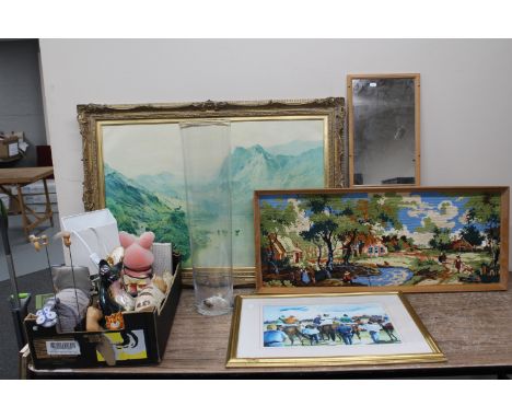 A large gilt framed print : Highland scene, print, wall mirror and tapestry, box of cat ornaments, table lamp, picture frame 