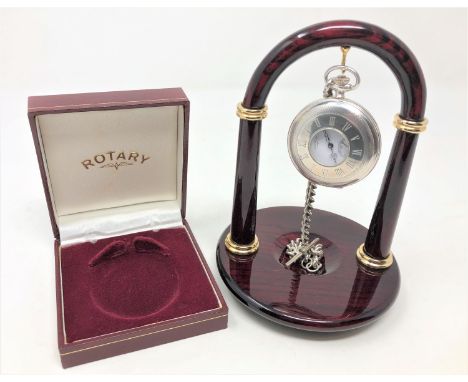 A silver half hunter Rotary pocket watch, on silver Albert chain with T-bar, in Rotary box with a watch stand