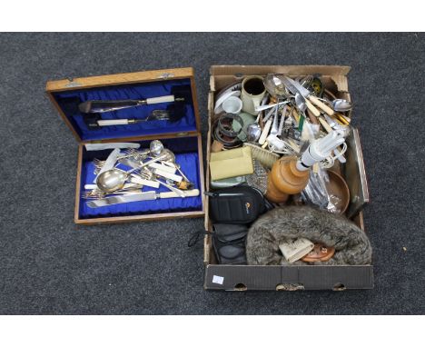 A box of part oak canteen of cutlery, cutlery, wooden bowls and lamps, silver backed brush, Wedgwood trinket dish, camera, Ru