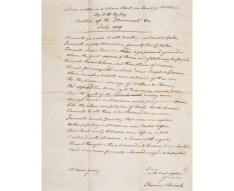 Bewick (Thomas,&nbsp;wood-engraver, 1753-1828) Lines written in a Steam Boat, on leaving Scotland, By S:W: Ryley, Author of t