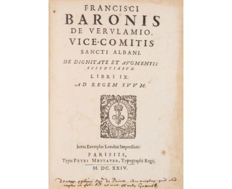 Bacon (Sir Francis) De Dignitate et Augmentis Scientiarum Libri IX, title with woodcut printer's device, woodcut head-pieces 