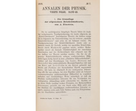 Physics.- Einstein (Albert) Die Grundlage der allgemeinen Relativitätstheorie, first edition, journal issue, in Annalen der P