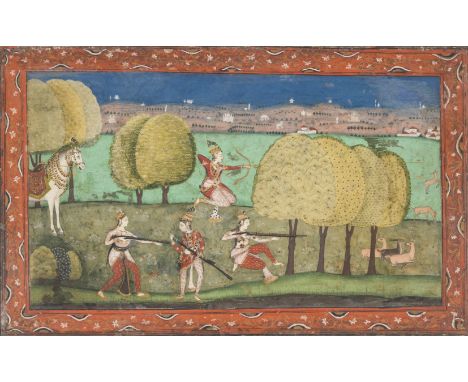 Indian miniature.- ?Chand Bibi, a Deccani warrior queen, hunting scene, opaque watercolour heightened with gold on paper, dep
