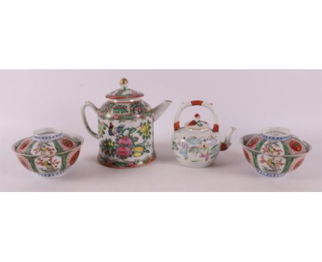 A porcelain teapot, China, 19th century. Polychrome decoration of travelling fools, marked with a seal mark on the bottom, h 