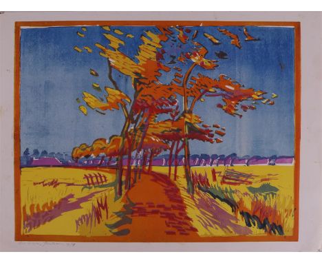 Baan van der, Jan Lucas (Groningen, 1912-1990) "Groningen landscape", signed in full l.o in pencil and 1979, colour linocut/p