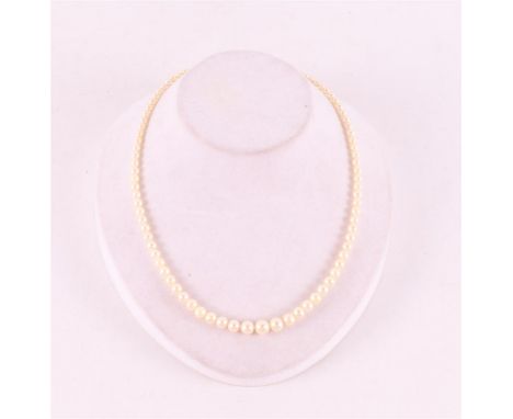 A pearl necklace on a 14 kt 585/1000 white gold clasp, set with pearl, length 46 cm.