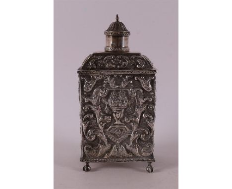 A rectangular silver tea caddy, after the 17th century, Friesland, late 19th century. Relief decoration of flower vase and ac