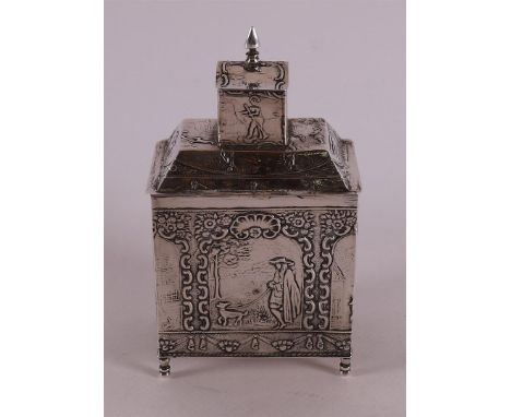 A 2nd grade 835/1000 silver rectangular tea caddy after an 18th century example, 20th century. Master mark: Hooijkaas H.B.Hz.