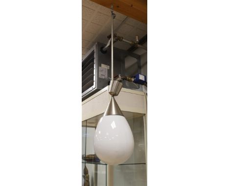 A nickel-plated school lamp with a teardrop-shaped white glass shade, mid 20th century, h 110 cm.