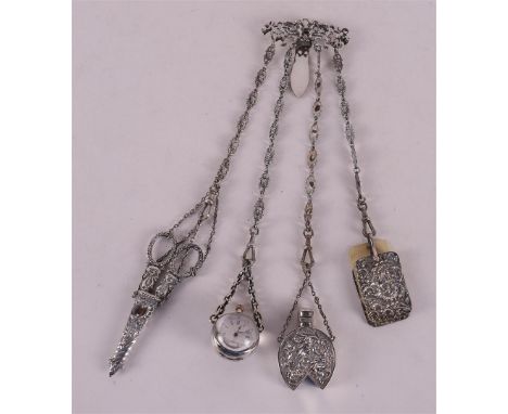 A 1st grade 925/1000 Sterling silver chatelaine, England, London, 1896. Attached are scissors, perfume bottle, watch and danc