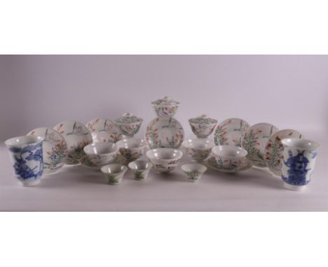 A series of polychrome porcelain cups and saucers, Japan, Meiji, circa 1900, up to 25x (damage).
