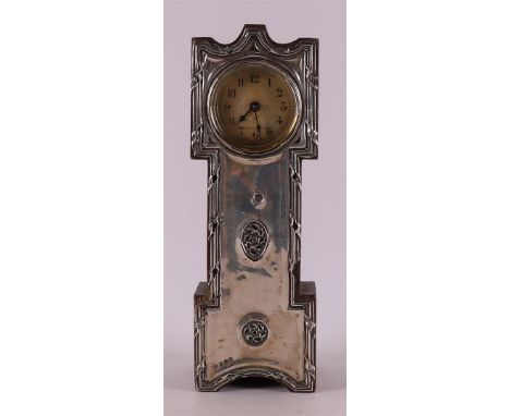 A miniature standing clock 'Longcase' with silver front, England, Birmingham, date letter 1908. Dial with Arabic numerals, h 