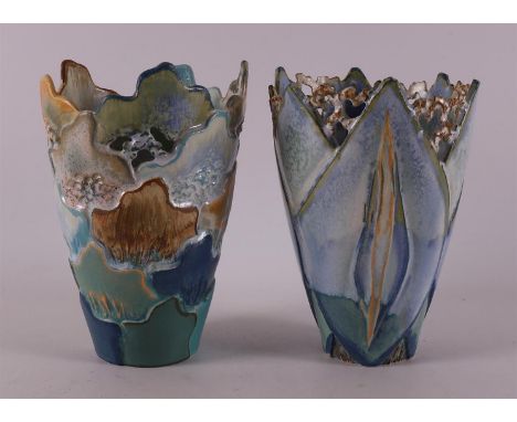 Verhoeven, Elysia (Dussen 1953) Two polychrome ceramic vases, signed on the bottom, h 17 x Ø 12 cm, tot. 2x.
