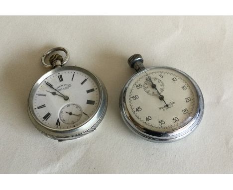 A silver pocket watch with white enamelled dial together with a stopwatch. Est. £20 - £30.