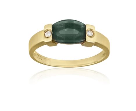 A Green tourmaline and diamond ringThe fancy-cut green tourmaline, flanked by single-cut diamonds, mounted in 18ct gold, ring