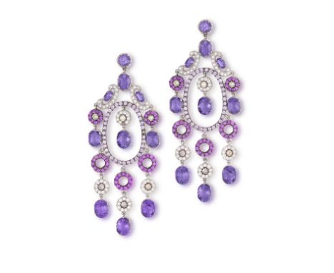 A Pair of vari-coloured, gemset chandelier earringsThe openwork oval hoop, set with pink sapphires, with amethyst and diamond