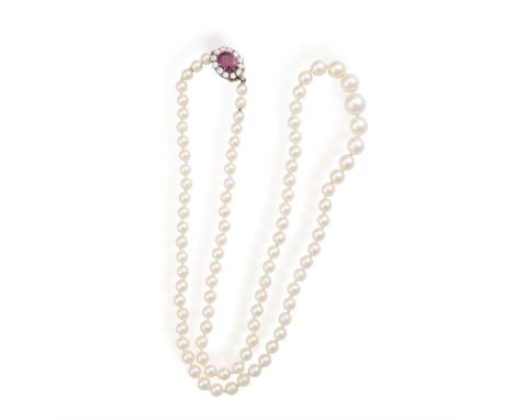 A Cultured pearl necklaceThe graduated, single-strand of cultured pearls with a synthetic ruby and old-cut diamond cluster cl