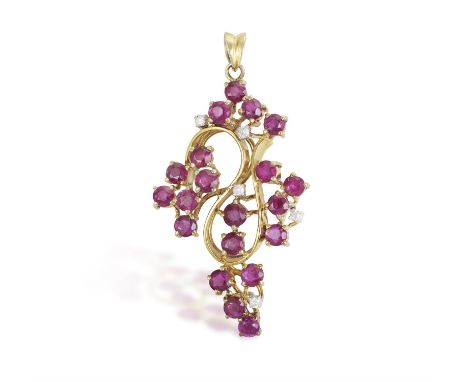 A Ruby and diamond pendantOf openwork, spray design, set with round, mixed cut rubies, highlighted with single-cut diamonds, 