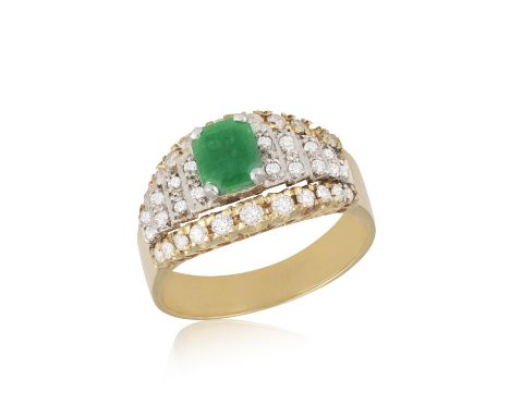 An Emerald and diamond ringThe rectangular cut-cornered emerald flanked by five, stepped rows of single-cut diamonds, within 