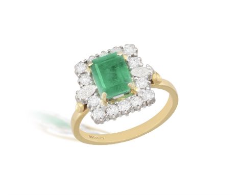 An Emerald and diamond cluster ringThe claw-set, emerald-cut emerald within a marquise and round, brilliant-cut diamond surro