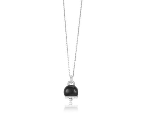 A Diamond and onyx pendantDesigned as a bell, the cup is set with onyx with a diamond-set rim, clanger, bale and jump ring, m