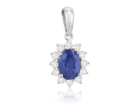 A Sapphire and diamond cluster pendantThe oval-shaped sapphire within a round, brilliant-cut diamond surround, mounted in 18c