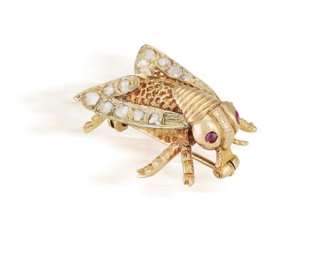A Diamond and ruby fly broochThe wings pavé-set with rose-cut diamonds, the eyes with rubies, mounted in 18ct gold, total len