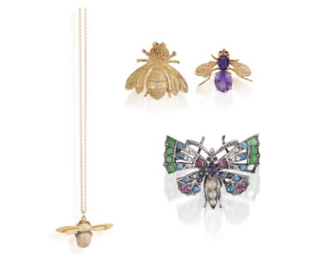 A Small collection of insect jewelleryIncluding: an amethyst and ruby set fly brooch, length ca. 2.5cm; a 14ct gold bee brooc