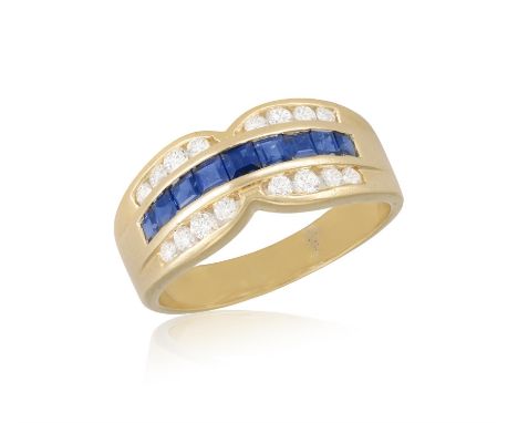 A Sapphire and diamond ringThe central row of square, step-cut sapphires flanked by two rows of round, brilliant-cut diamonds