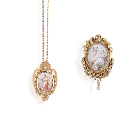 Two French, Neo-classical style pendantsIncluding: an 18ct gold, pendant/brooch with a ceramic plaque depicting Psyche and Ve