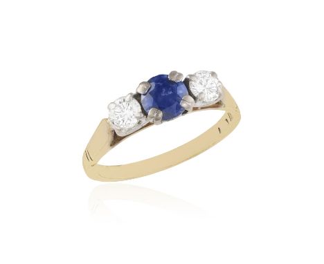 A Sapphire and diamond three-stone ring Comprised of a round, mixed-cut sapphire flanked by two round, brilliant-cut diamonds