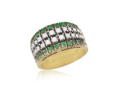 A Diamond and emerald ringOf bombé design, the two central lines of single and round, brilliant-cut diamonds, flanked by two 