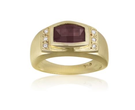 A Garnet and diamond ringThe fancy-cut garnet, flanked by three single-cut diamonds to both sides, mounted in 18ct gold, ring