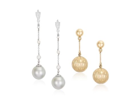 Two pairs of drop earringsIncluding: a pair of cultured pearls suspended from a seed pearl set chain with diamond-set mount, 