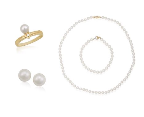 A Collection of cultured pearl jewelleryComprising: a necklace with navette-shaped, 14ct gold clasp, length ca. 47cm; a brace