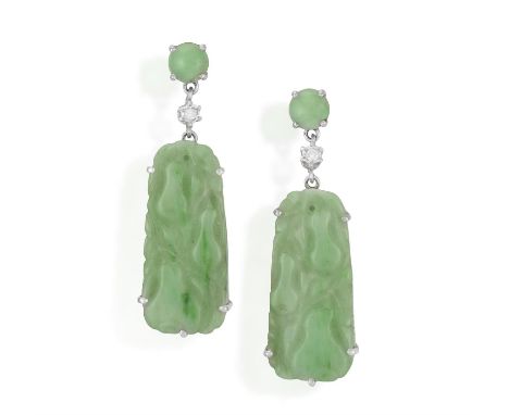 A Pair of carved jade and diamond drop earringsEach earring comprising a jade plaque carved with gourdes, suspended from a si